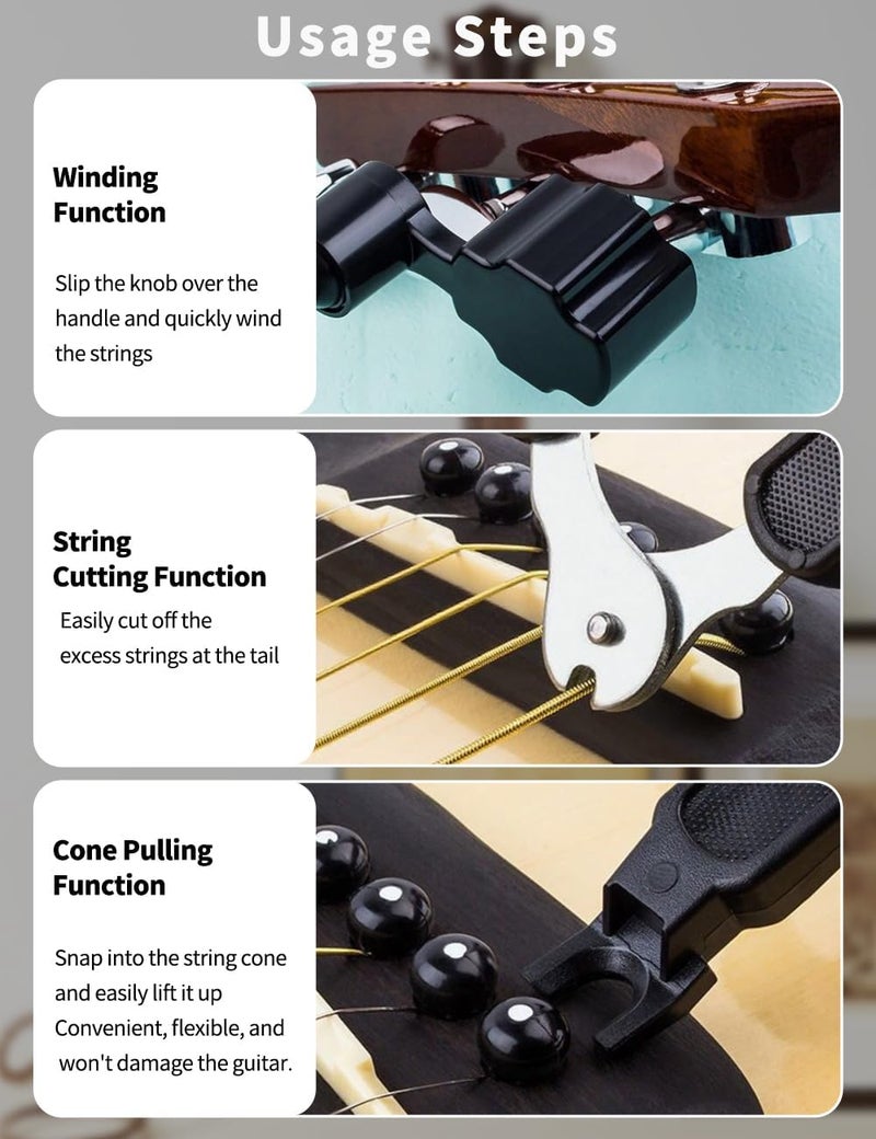 luvilly3 in 1 Black Professional Guitar String Winder Tool, Guitar String tool, Functional Bridge Pin Puller for Guitars Maintenance/Musicians - Image 3
